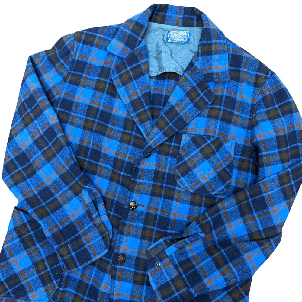 Pendleton Wool Blazer Jacket Mens Large Blue Plaid Vintage Virgin Wool USA Made
